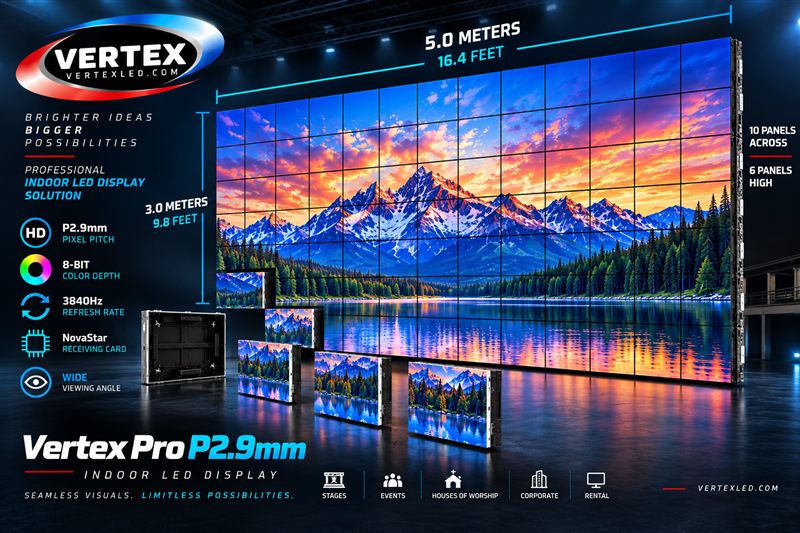 P2.9mm indoor LED wall package — 10 panels across, 6 panels high