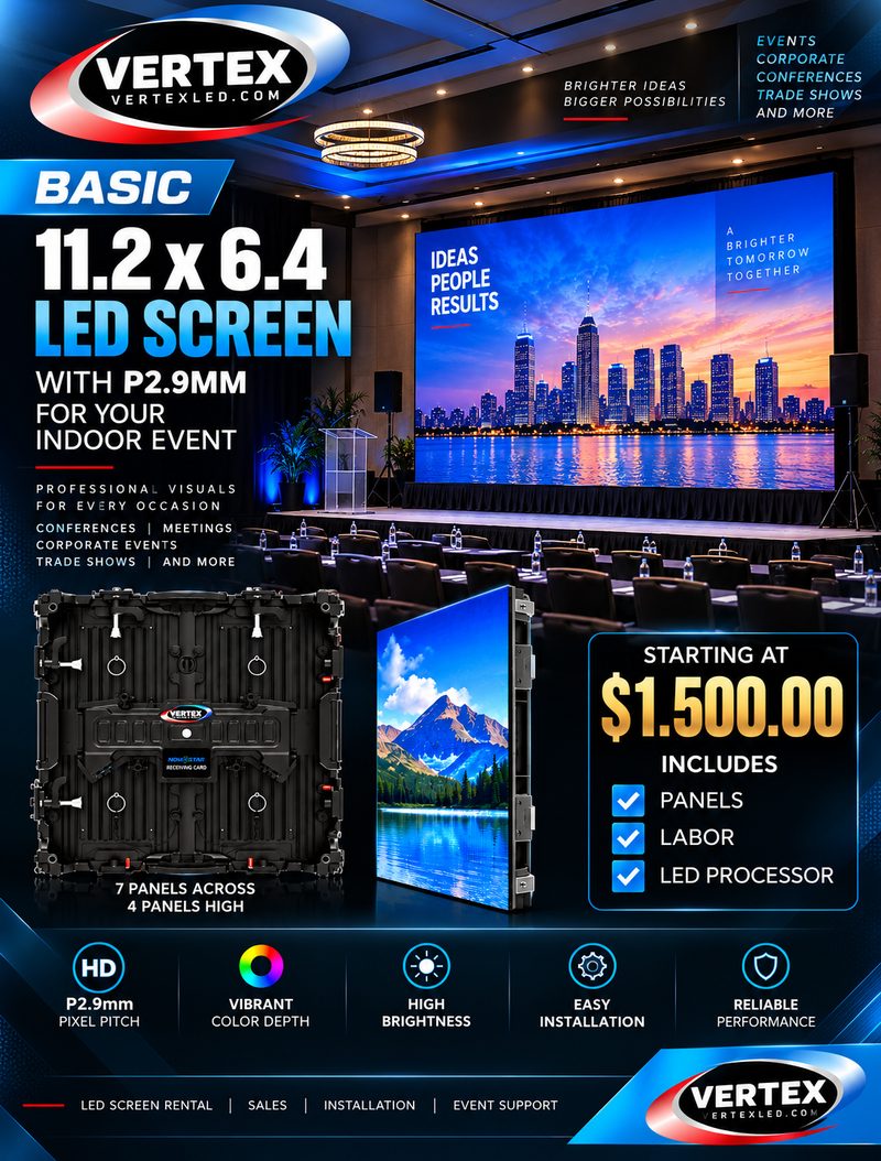 Basic rental package — 11.2 × 6.4 ft P2.9mm indoor LED screen