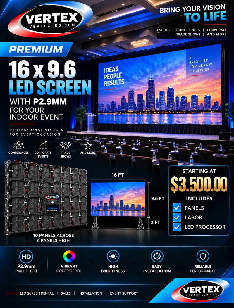 Premium rental package — 16 × 9.6 ft P2.9mm indoor LED screen