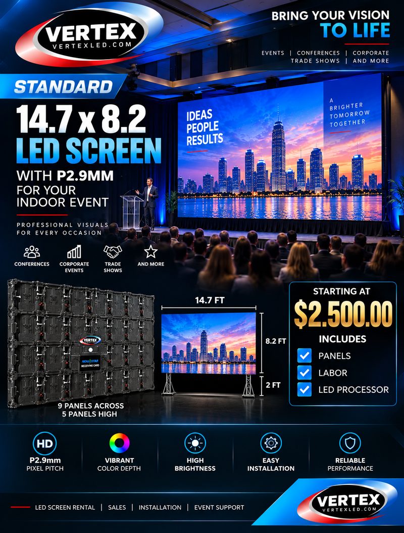 Standard rental package — 14.7 × 8.2 ft P2.9mm indoor LED screen